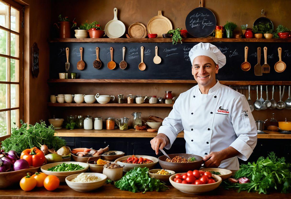 A vibrant kitchen scene filled with a diverse array of spices, fresh vegetables, and cooking utensils, illuminated by warm, inviting light. In the foreground, a smiling chef is tasting a colorful dish, with a rustic wooden table and family-style setting in the background. Enhance the atmosphere with hanging herbs and a chalkboard menu displaying delightful specials. super-realistic. warm tones. cozy ambiance.