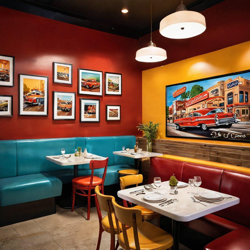 A cozy, inviting bistro setting featuring a retro diner juxtaposed with modern culinary elements. A beautifully plated dish in the foreground, showcasing vibrant ingredients, while a warm, ambient light bathes the scene. Cheerful patrons enjoying their meals, with a mural of local cuisine on the wall. Incorporate fresh herbs and spices scattered artistically on the table. super-realistic. vibrant colors. warm tones.